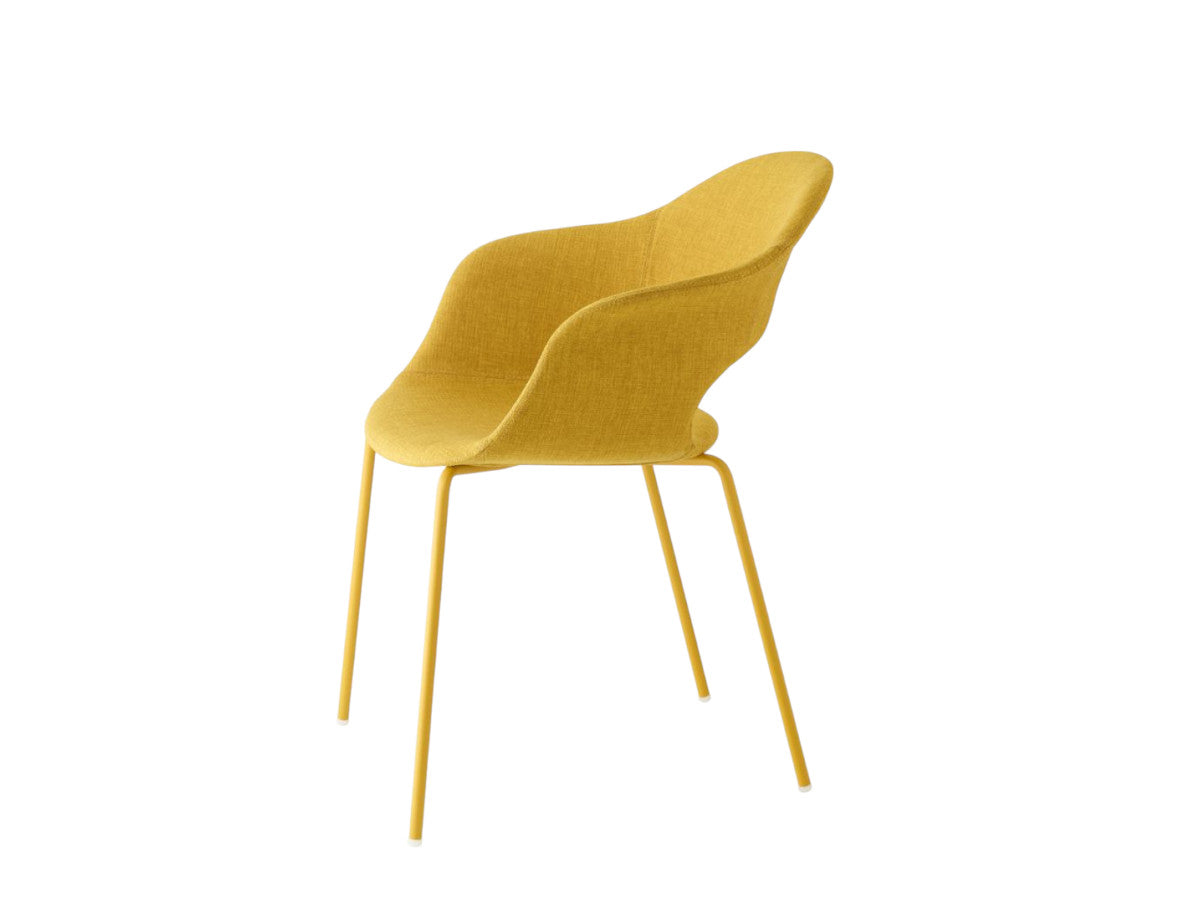 Rear angled view of the S•CAB Lady B Pop Chair with Armrests featuring a mustard yellow upholstered shell seat and matching metal legs.