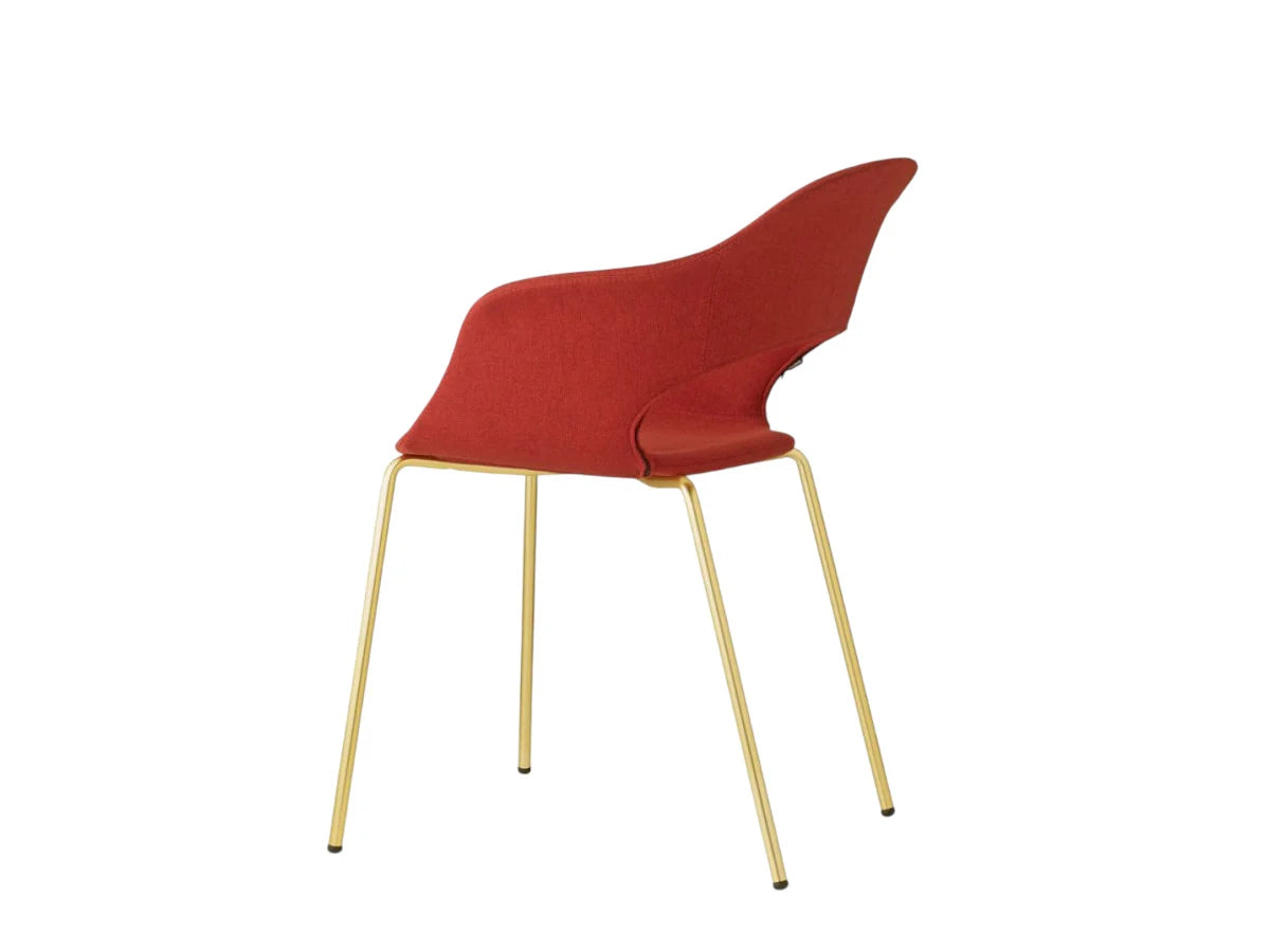 Rear angled view of the S•CAB Lady B Pop Chair with Armrests featuring a red upholstered shell seat and elegant brass-finish metal legs.