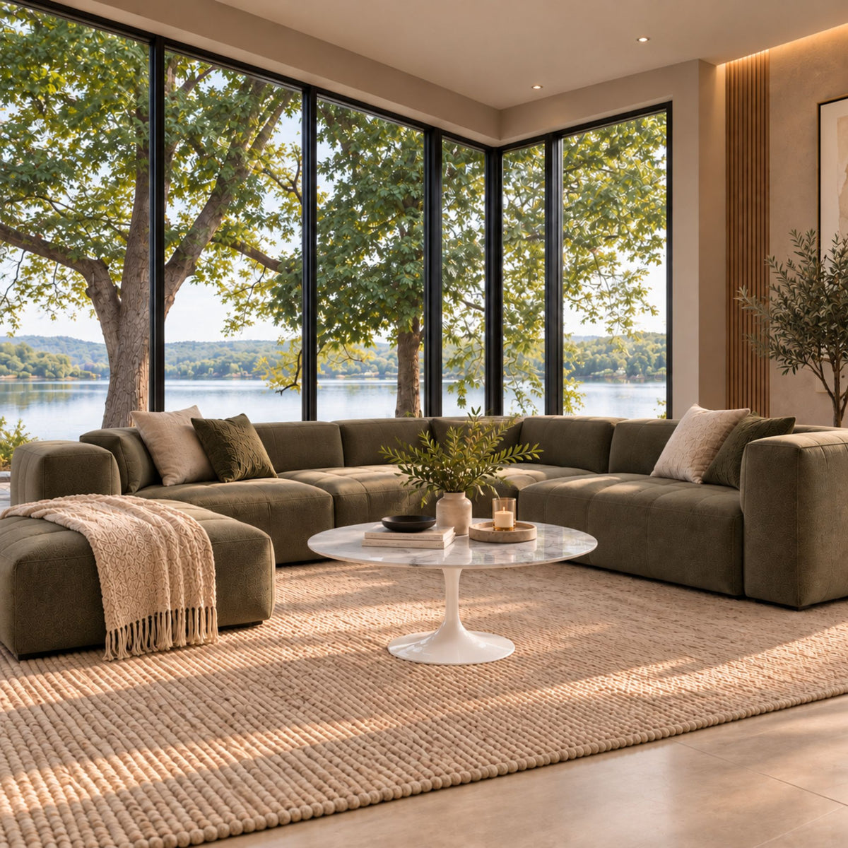 Lakeside Statuario Tulip coffee table featuring a polished Statuario marble tabletop with elegant grey veining and a glossy white tulip pedestal base, styled in a contemporary living room with a modular sectional sofa, floor-to-ceiling windows overlooking a lake, and warm natural daylight. A luxury Italian designer coffee table for modern, Scandinavian, and mid-century interiors.
