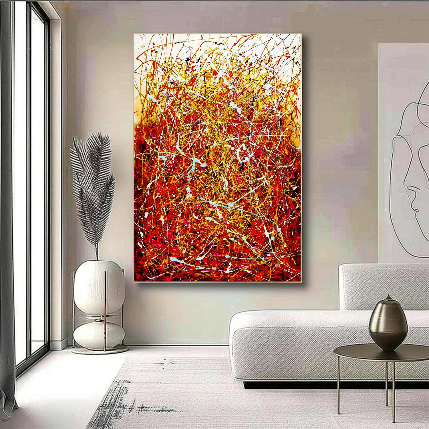 Abstract painting in a modern living room with a sofa and decorative items.