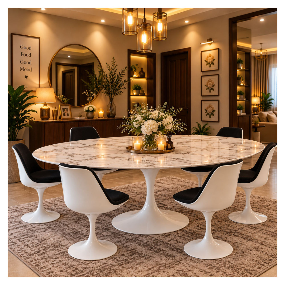 Large oval Tulip dining table with a white veined ceramic top and pedestal base, surrounded by white chairs with black seats
