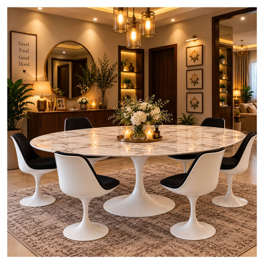 Large oval Tulip dining table with a white veined ceramic top and pedestal base, surrounded by white chairs with black seats
