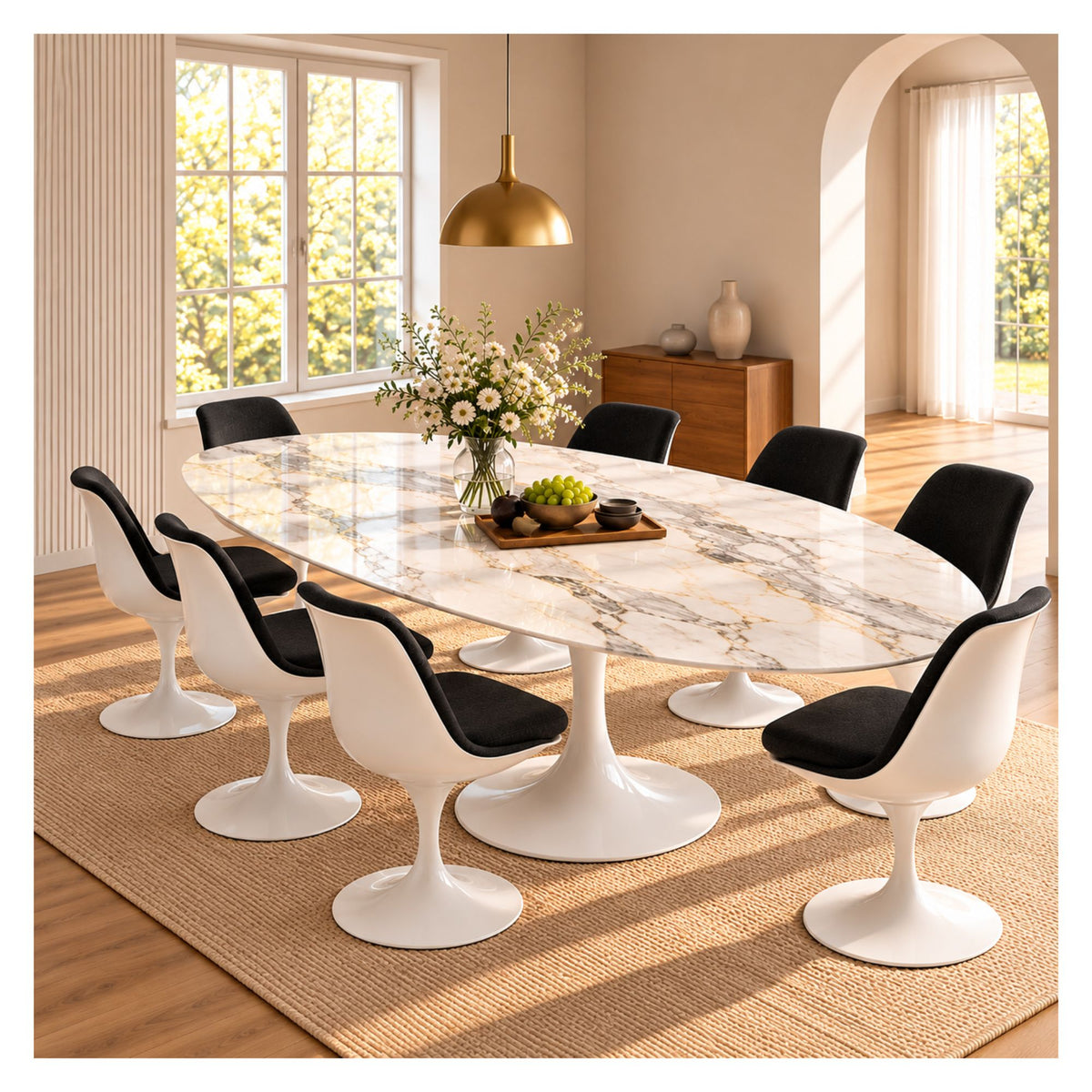 Large oval Tulip executive table with a white and gold veined ceramic top and white pedestal base, surrounded by white chairs with black seats.