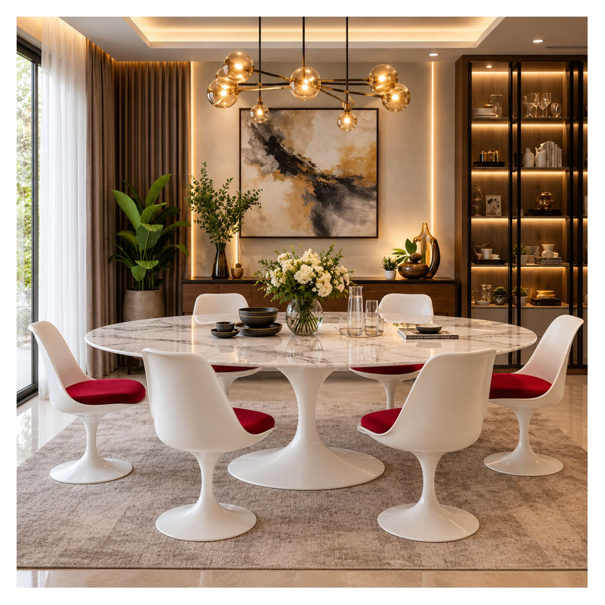 Large oval Tulip dining table with a white veined marble top and pedestal base, surrounded by white chairs with red seat cushions.