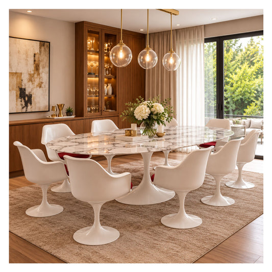 Large oval Tulip dining table with a veined marble top and white pedestal base, surrounded by white chairs with red seat cushions.