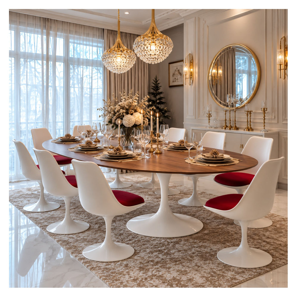 Large oval Tulip dining table with a warm wood top and white pedestal base, surrounded by white chairs with red seat cushions in an elegant dining room.