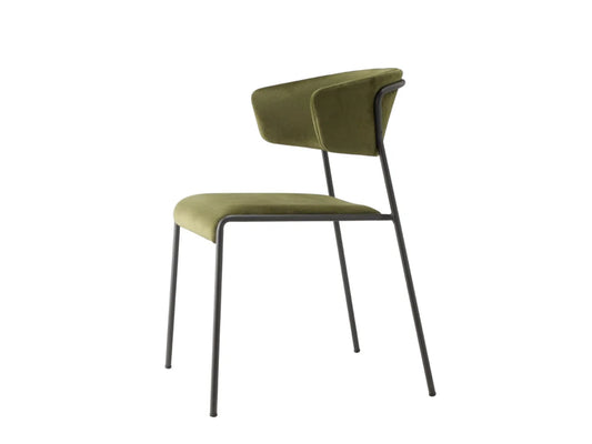 Side view of the Lisa 2851 upholstered dining chair with olive green fabric upholstery and a slim black metal frame.