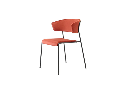 Front angled view of the Lisa 2851 upholstered dining chair with coral fabric upholstery and a slim black metal frame.