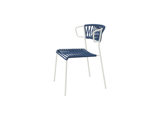 Rear angled view of the Lisa Club chair with white metal frame, blue woven seat and backrest, and integrated armrests.