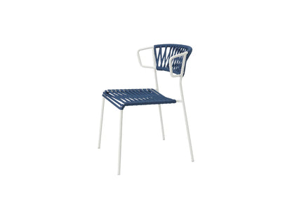 Rear angled view of the Lisa Club chair with a white metal frame, blue woven seat and backrest, and integrated armrests.