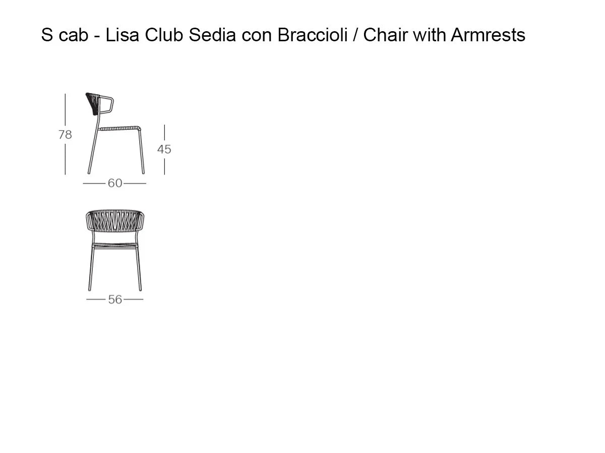 Technical drawing of the Lisa Club chair with armrests showing front and side views with overall dimensions and seat height.