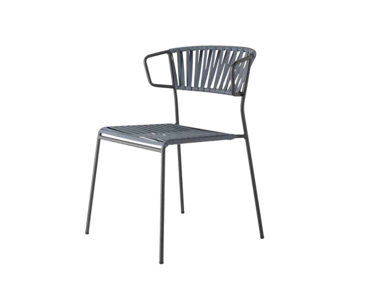 Grey Lisa Club chair with armrests featuring a woven rope backrest, slatted seat, and slim metal frame in front view.