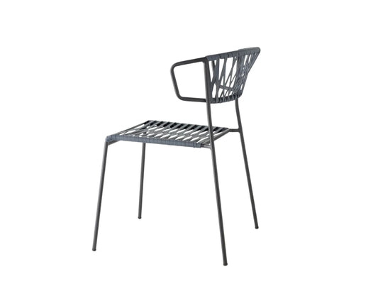 Rear angled view of a grey Lisa Club chair with armrests, woven rope seat and backrest, and slim metal frame.