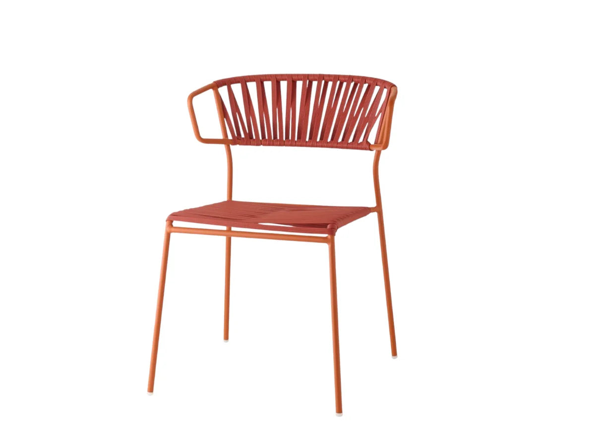 Front angled view of a terracotta Lisa Club chair with armrests, woven backrest, slatted seat, and slim metal frame.