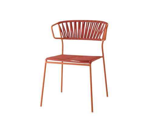 Front angled view of a terracotta Lisa Club chair with armrests, woven backrest, slatted seat, and slim metal frame.