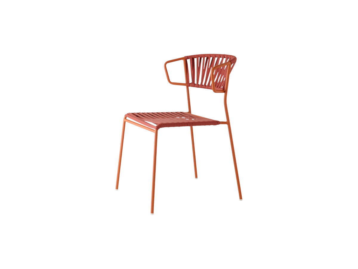 Terracotta Lisa Club chair with armrests featuring a woven rope backrest, slatted seat, and slim metal frame.