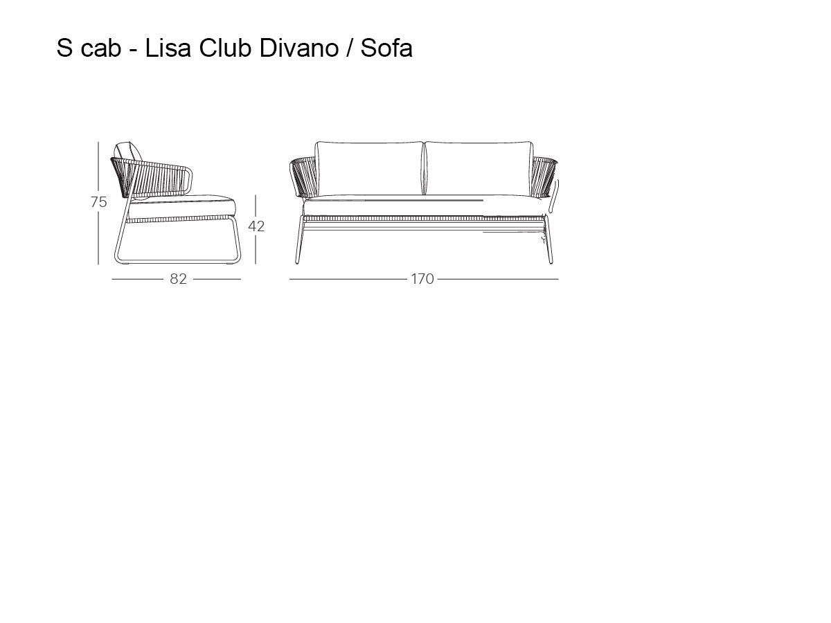 Technical drawing of the Lisa Club outdoor sofa showing front and side views with overall dimensions and seat height.