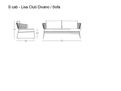 Technical drawing of the Lisa Club outdoor sofa showing front and side views with overall dimensions and seat height.
