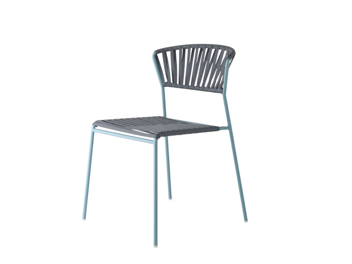 Front angled view of the Lisa Filò chair with a grey woven rope seat and backrest on a light blue metal frame.