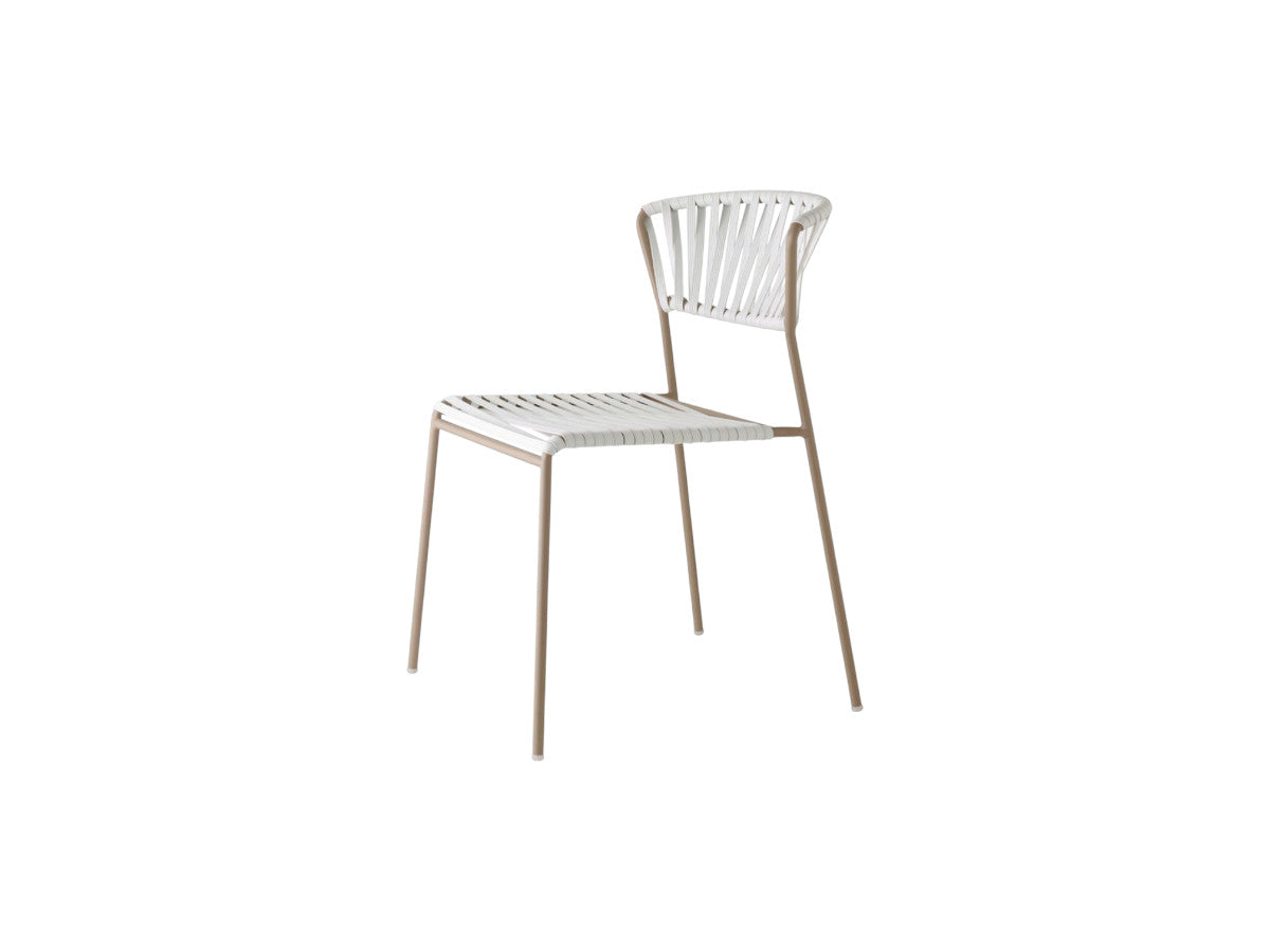 Front angled view of the Lisa Filò chair with a white woven rope seat and backrest on a slim taupe metal frame.