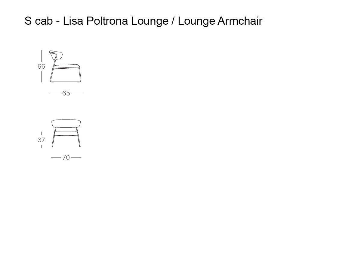 Technical drawing of the Lisa Lounge designer armchair showing front and side views with overall dimensions and seat height.