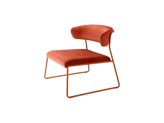 Front angled view of the Lisa Lounge designer armchair with terracotta upholstery and a matching sled metal base.