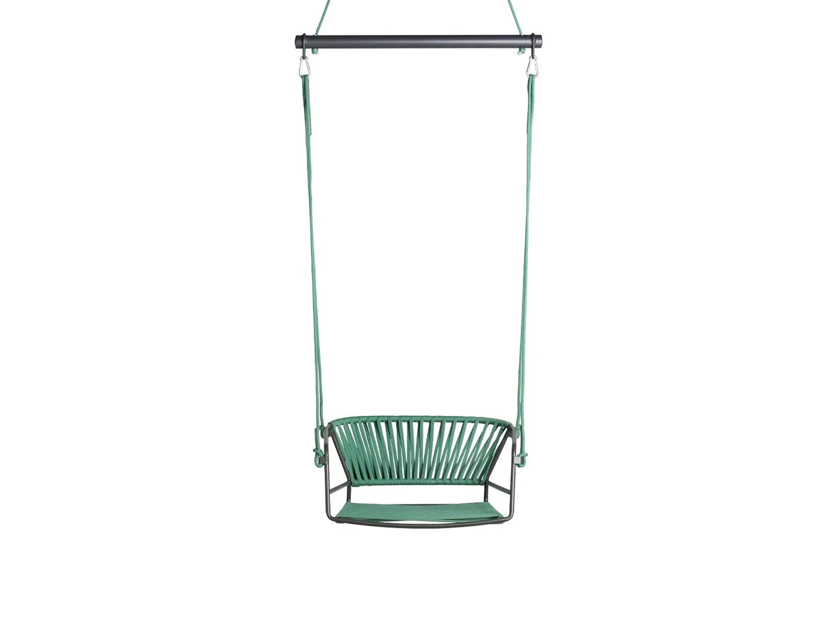 Front view of the Lisa Swing garden hanging chair with a green woven seat, metal frame, and suspension ropes.