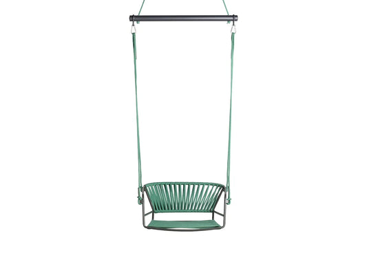 Front view of the Lisa Swing garden hanging chair with a green woven seat, metal frame, and suspension ropes.