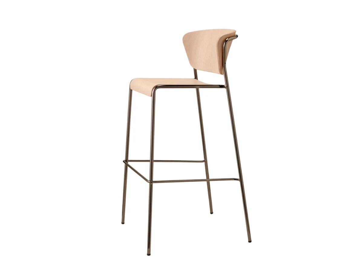 Side view of the Lisa Wood bar stool with a natural oak plywood seat and backrest, slim dark metal frame, and integrated footrest.