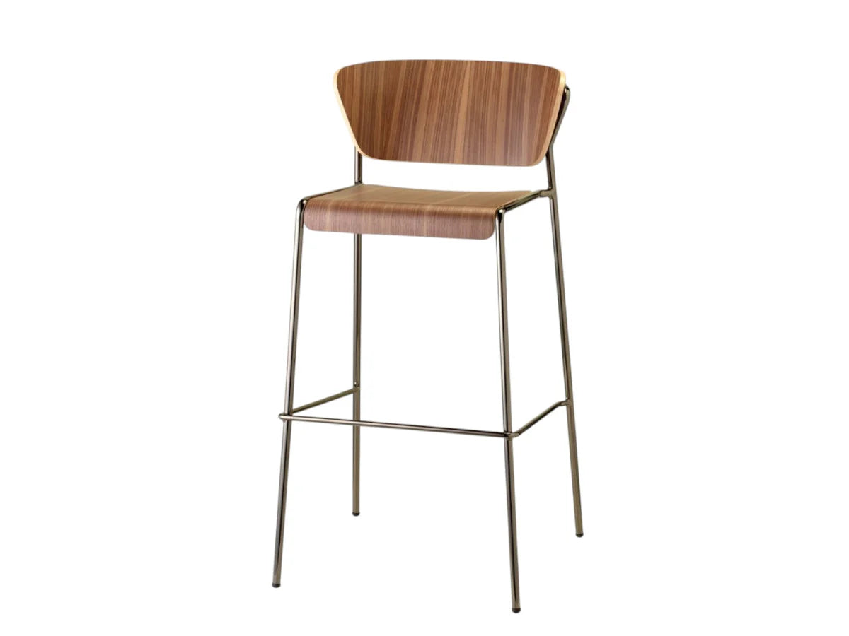Front view of the Lisa Wood bar stool with a walnut plywood seat and backrest, slim dark metal frame, and integrated footrest.