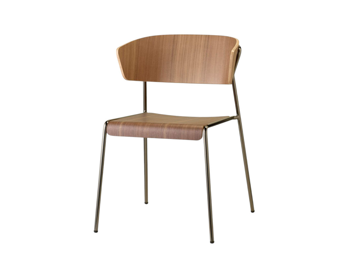 Front angled view of the Lisa Wood walnut dining chair with a curved plywood seat, backrest, and slim dark metal frame.