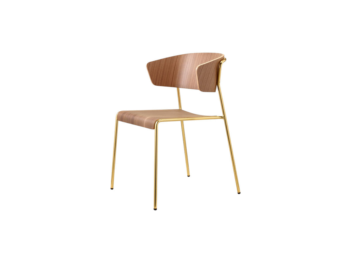 Rear angled view of the Lisa Wood walnut dining chair with a curved plywood seat, backrest, and slim brass metal frame.