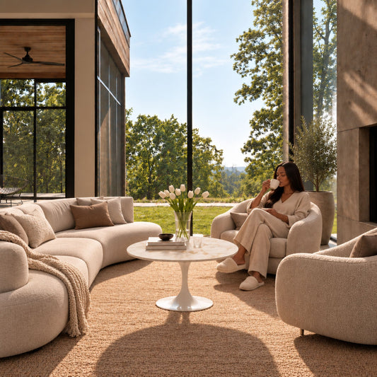 Luna Marble Tulip coffee table with a polished white marble tabletop and glossy white pedestal base, styled in a contemporary living room with curved cream sofas, natural daylight, and floor-to-ceiling windows. A luxury Italian designer coffee table for modern interiors.