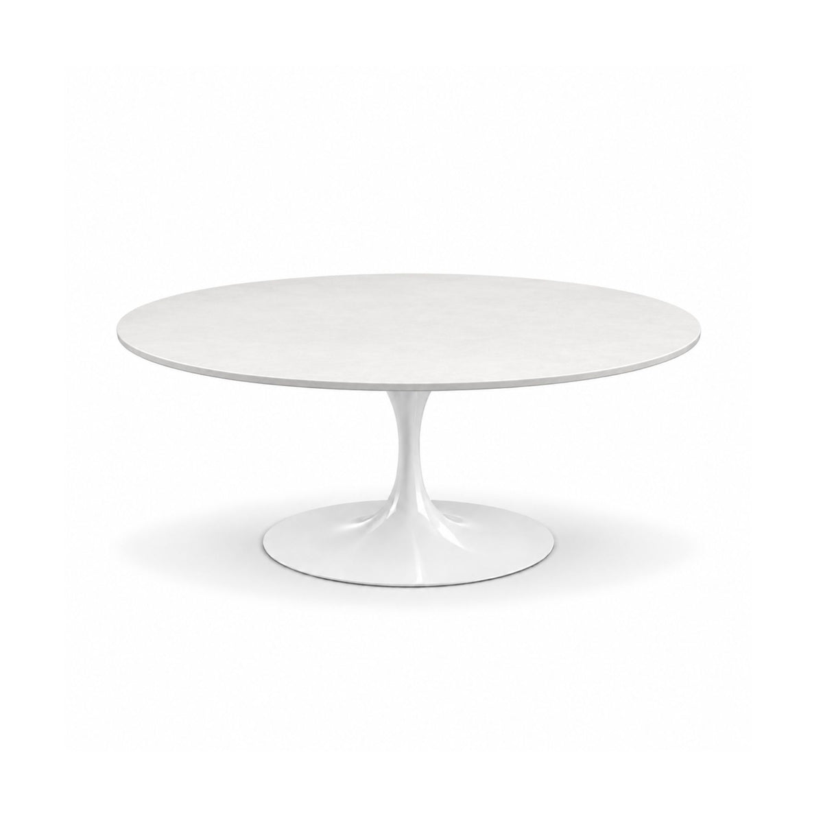 Luna Tulip coffee table featuring a pure white stone tabletop with a white tulip pedestal base, creating a clean minimalist look for modern, contemporary, and mid-century living room interiors.
