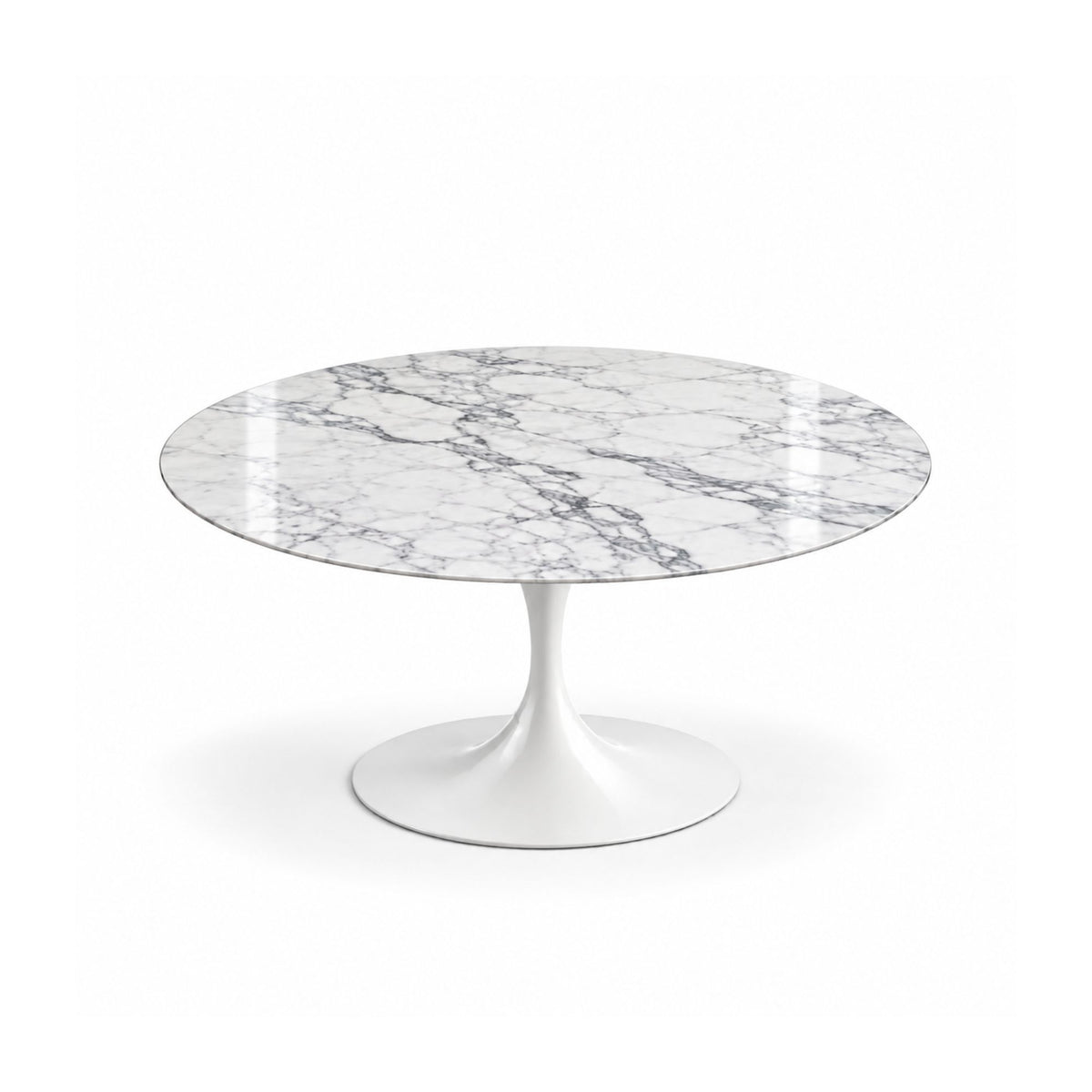 Marble Essence Tulip coffee table featuring a polished Arabescato marble tabletop with elegant grey veining and a glossy white tulip pedestal base, ideal for luxury modern, contemporary, Scandinavian, and mid-century living room interiors.