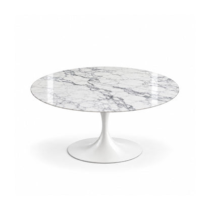 Marble Essence Tulip coffee table featuring a polished Arabescato marble tabletop with elegant grey veining and a glossy white tulip pedestal base, ideal for luxury modern, contemporary, Scandinavian, and mid-century living room interiors.