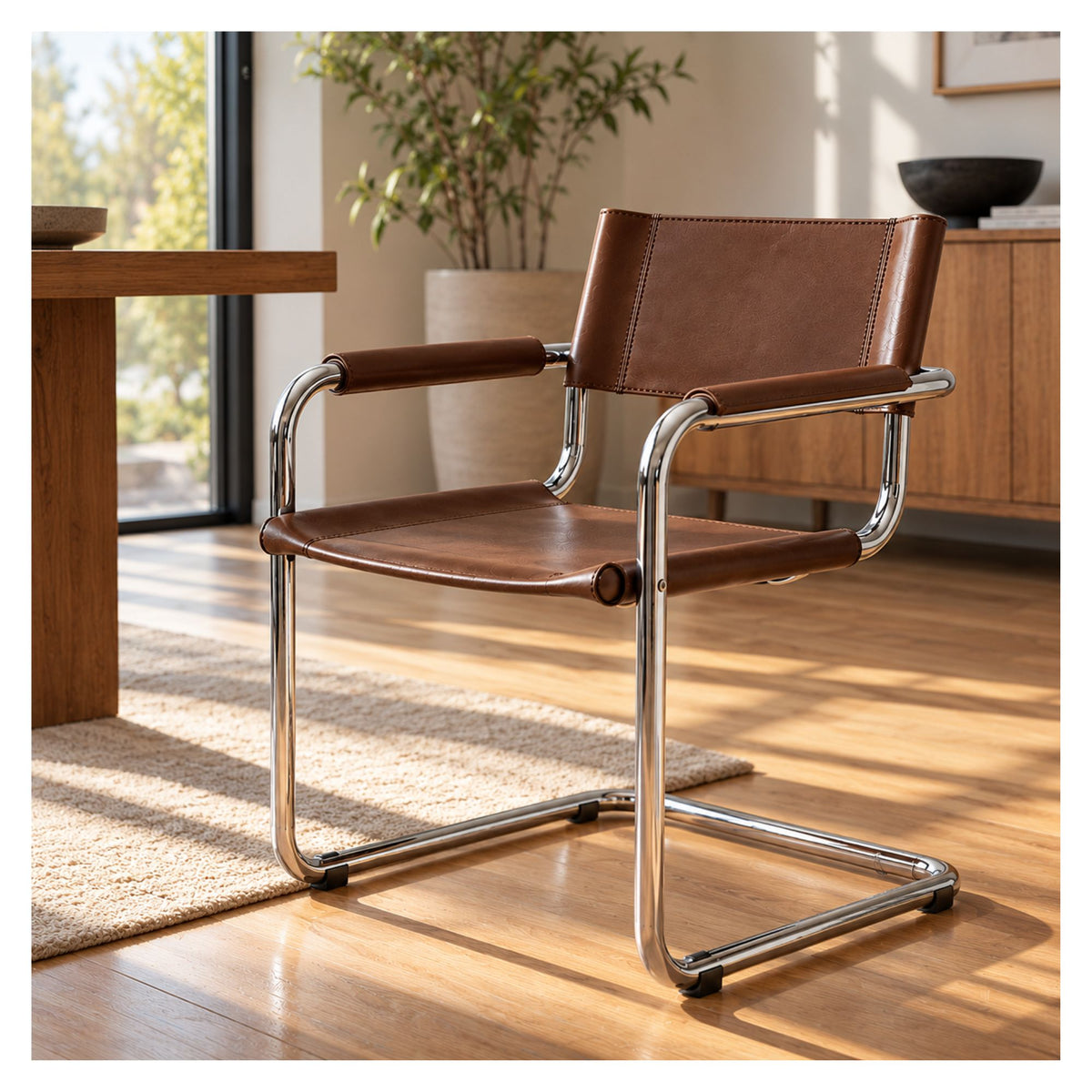 Pair of Mart Stam-inspired leather cantilever armchairs in a bright modern interior