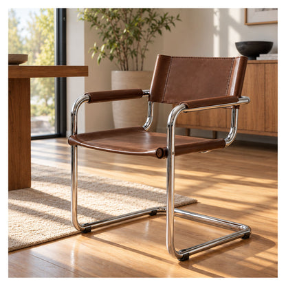 Pair of Mart Stam-inspired leather cantilever armchairs in a bright modern interior