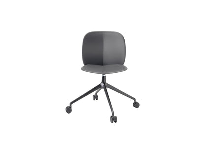Front view of the S•CAB Mentha office chair with grey upholstered seat, black swivel base, and smooth-rolling castors.