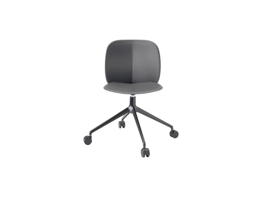 Front view of the S•CAB Mentha office chair with grey upholstered seat, black swivel base, and smooth-rolling castors.