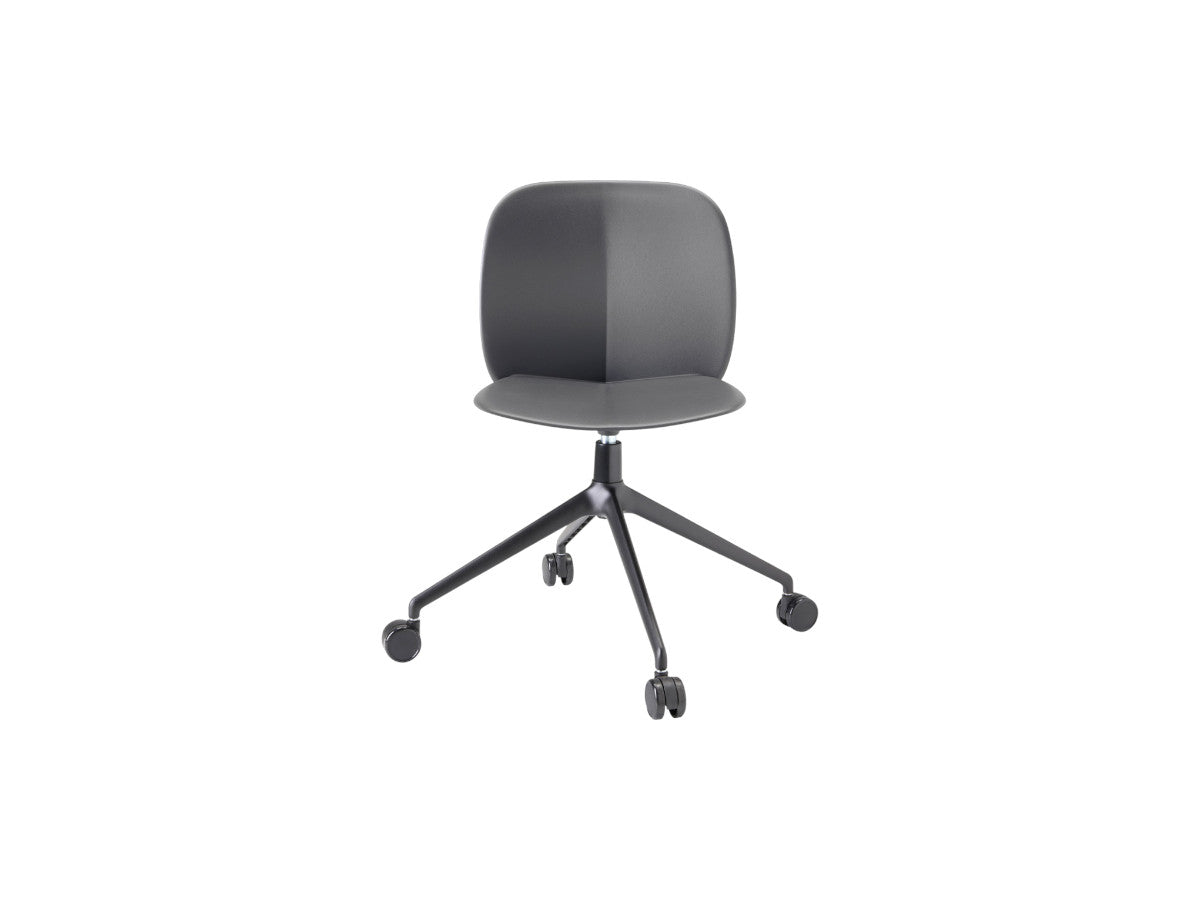 Front view of the S•CAB Mentha office chair with grey upholstered seat, black swivel base, and smooth-rolling castors.