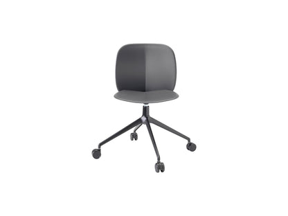 Front view of the S•CAB Mentha office chair with grey upholstered seat, black swivel base, and smooth-rolling castors.