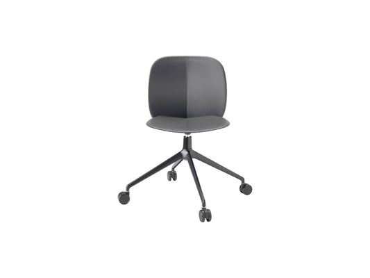 Front view of the S•CAB Mentha office chair with grey upholstered seat, black swivel base, and smooth-rolling castors.