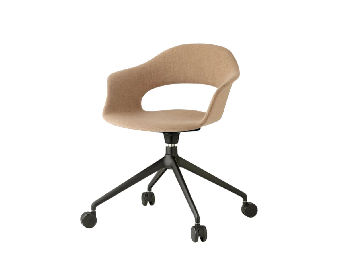 Front angled view of the Mentha Pop office chair with beige upholstered shell seat, black swivel base, and smooth-rolling castors.