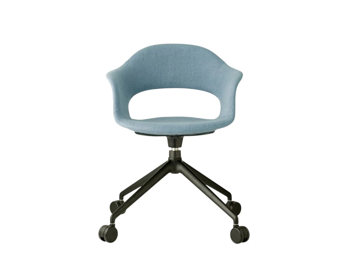 Front view of the Mentha Pop office chair with light blue upholstered shell seat, black swivel base, and castors.
