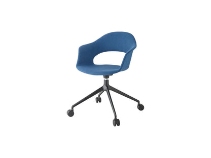 Mentha Pop office chair with a blue upholstered shell seat, black swivel base, and smooth-rolling castors.