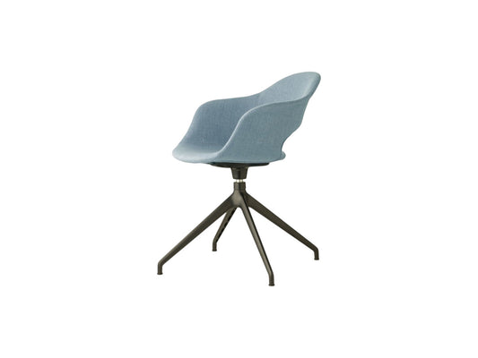 Front angled view of the Mentha Pop office chair with light blue upholstered shell seat and black four-star swivel base.