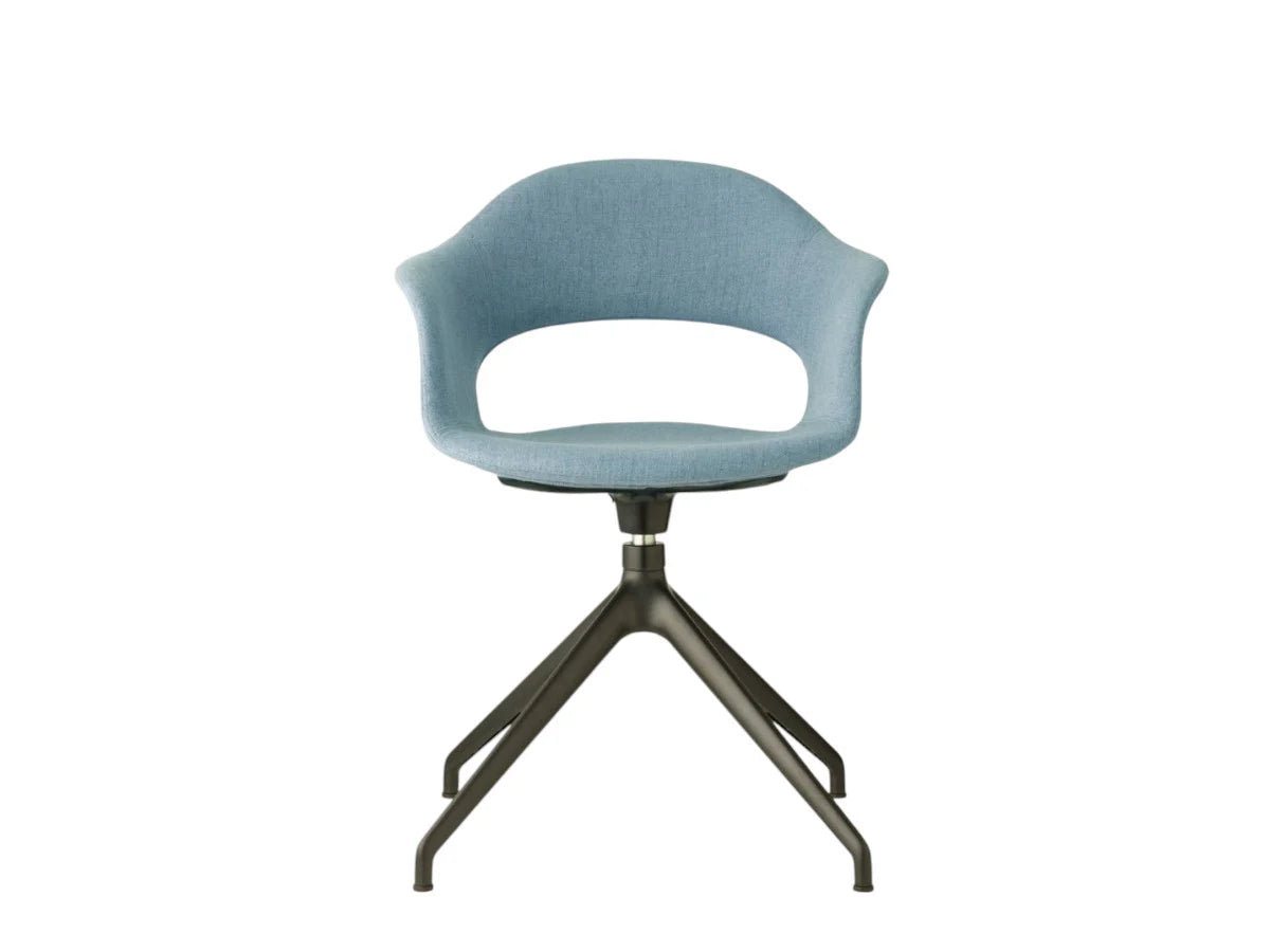 Front view of the Mentha Pop office chair with light blue upholstered shell seat and black four-star swivel base.