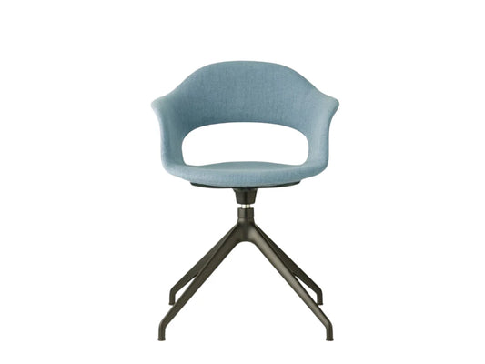 Front view of the Mentha Pop office chair with light blue upholstered shell seat and black four-star swivel base.
