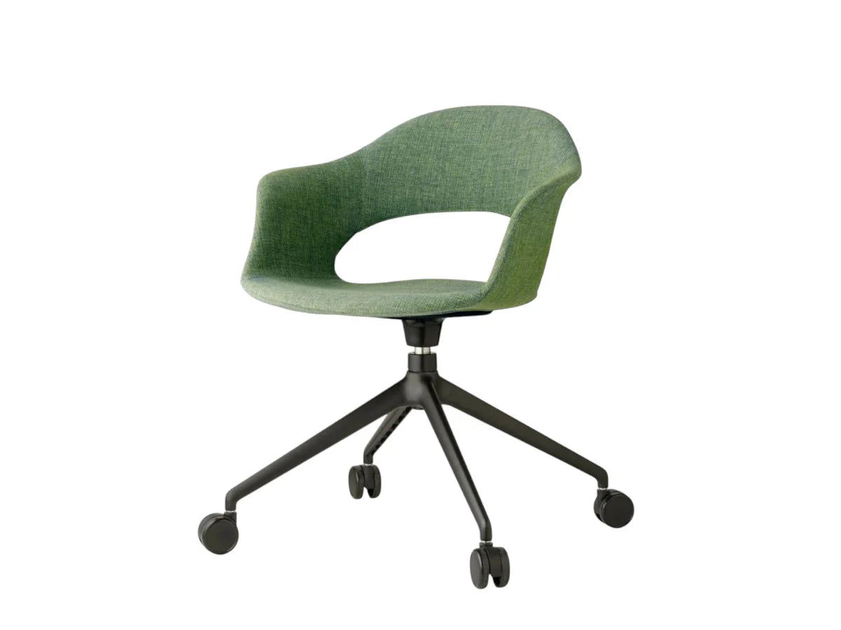 Front angled view of the Mentha Pop office chair with green upholstered shell seat, black swivel base, and smooth-rolling castors.